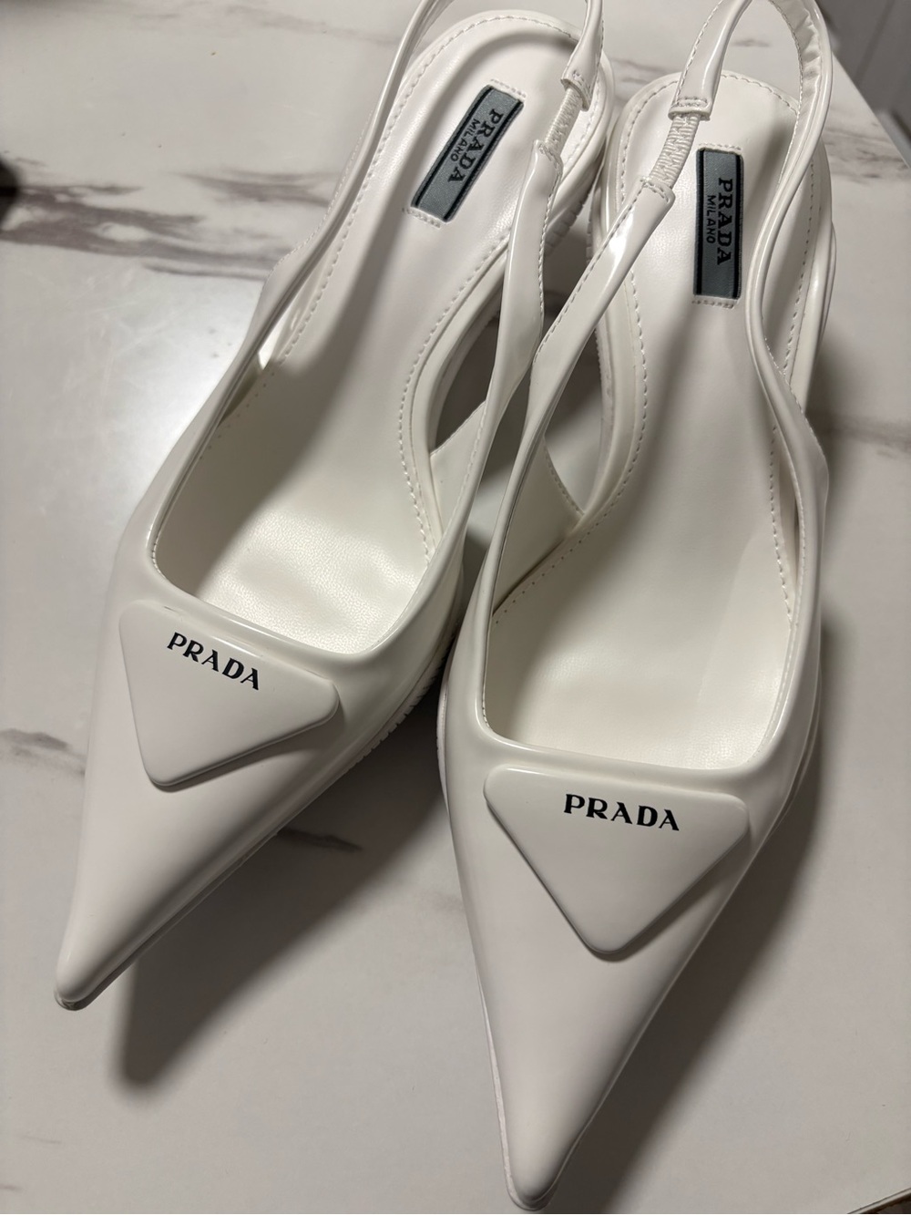 Prada White Patent Slingback Pumps with Pointed Toe